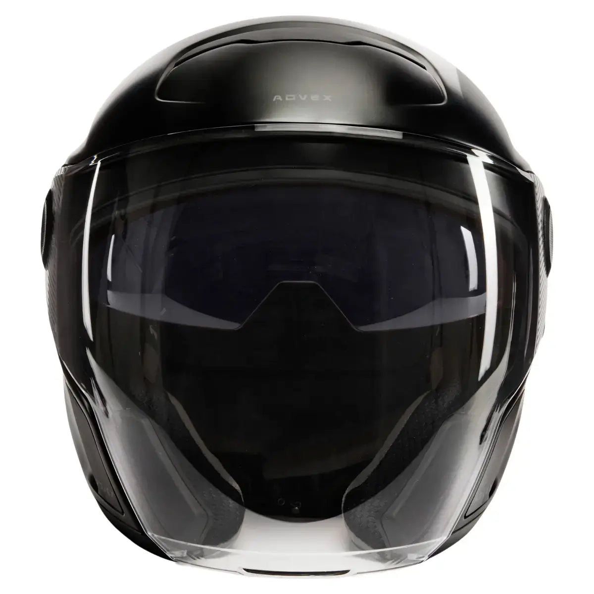 Black helmet with clear visor on a white background