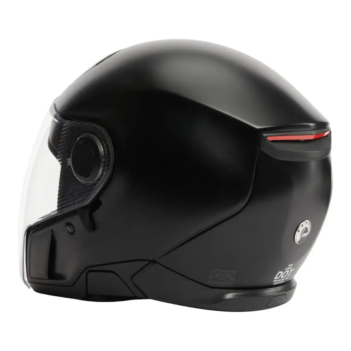 Black motorcycle helmet with clear visor on a white background