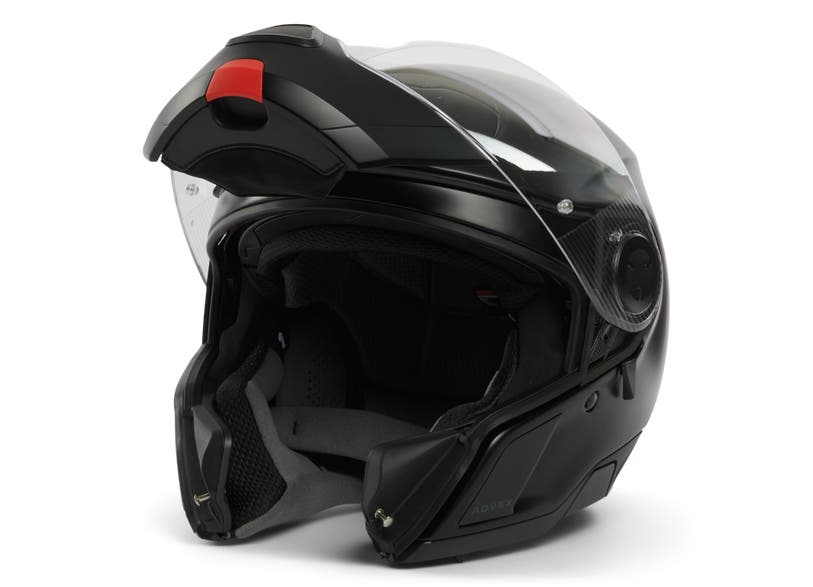 Can-Am Advex modular helmet in black with flip-up chin bar and clear visor raised