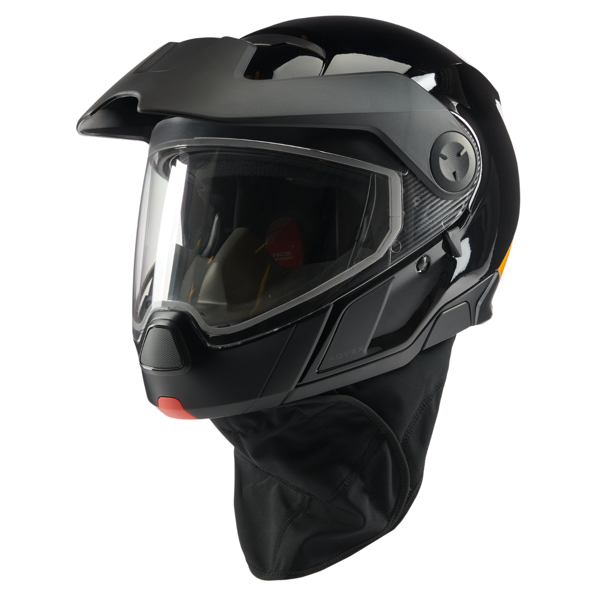 Ski-Doo Advex Sport Helmet in Orange 929125, worn with neck skirt