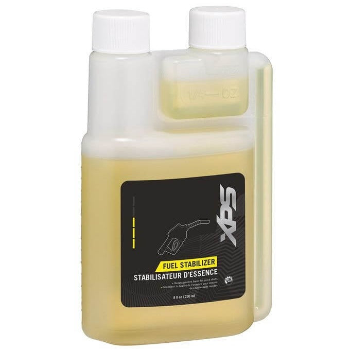 XPS Fuel Stabilizer 8 fl oz bottle with built-in measuring cap for Ski-Doo Sea-Doo Can-Am engines
