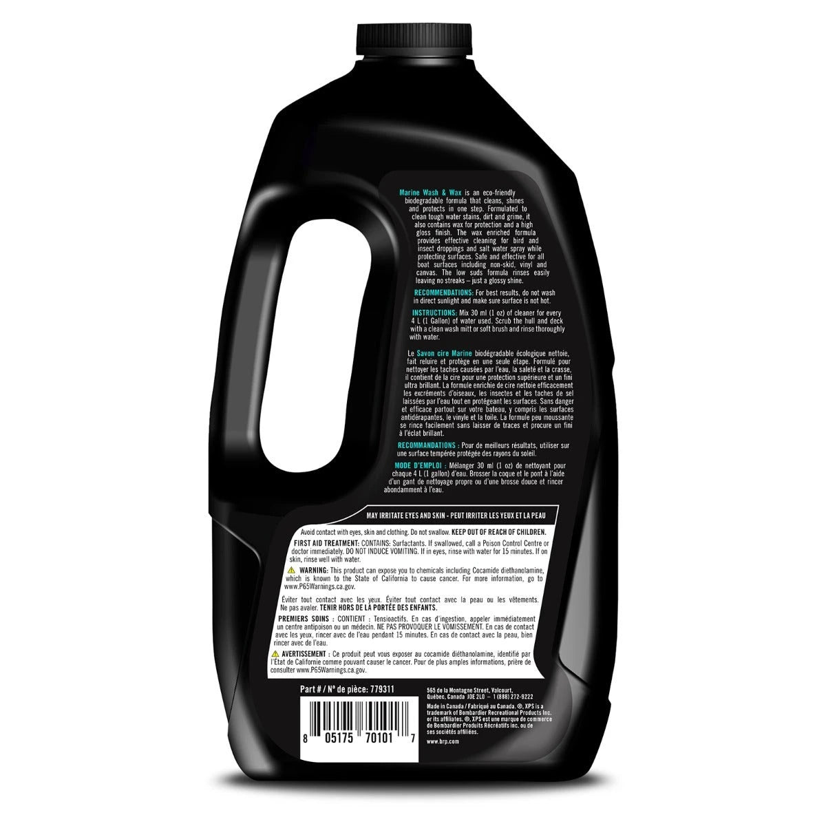 Sea-Doo XPS Marine Wash and Wax jug back label showing usage instructions and features