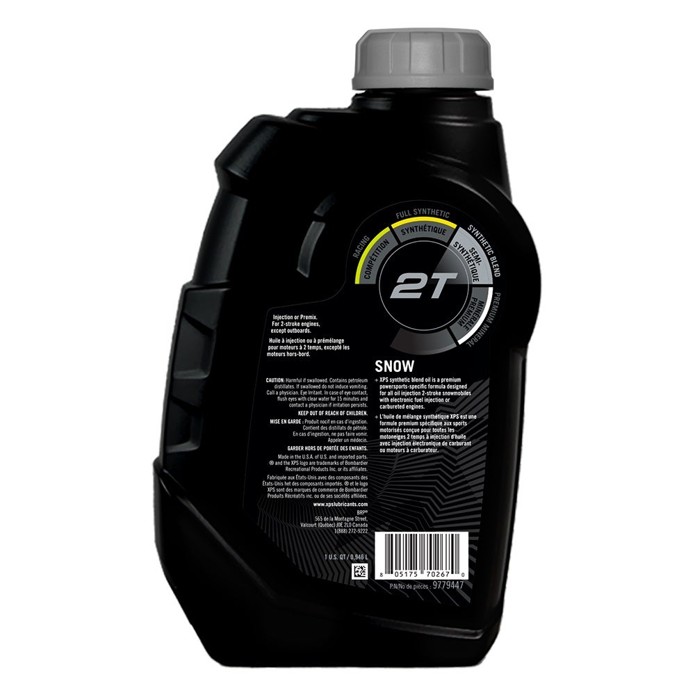 XPS Ski-Doo 2T synthetic blend oil 1 QT bottle back label, 9779447