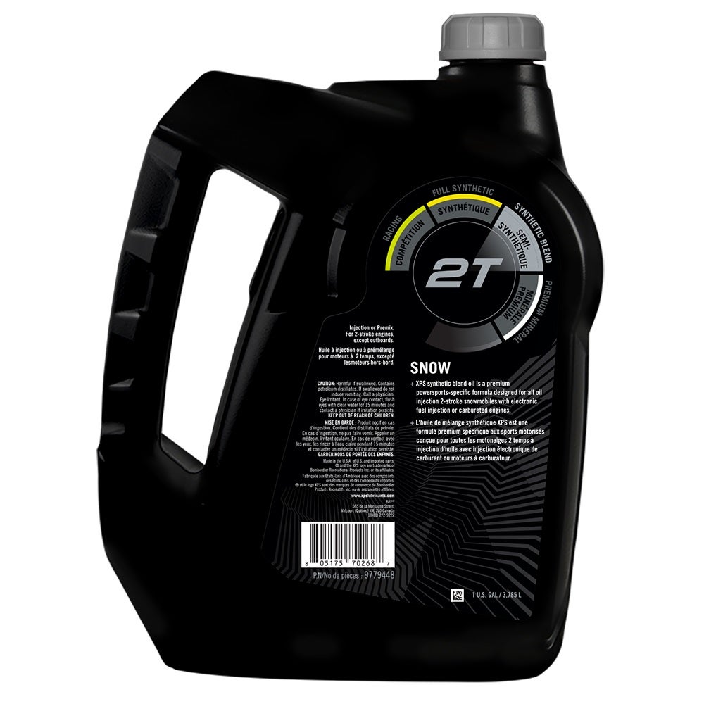XPS Ski-Doo 2T synthetic blend oil 1 US gal jug back label, 9779448