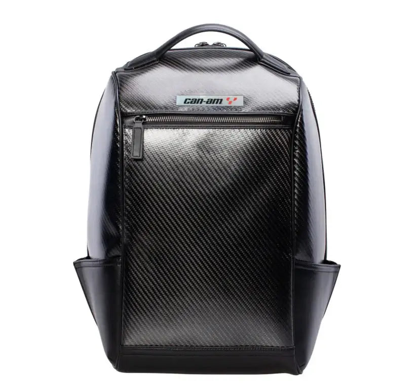 Black carbon fiber backpack with visible brand logo on a white background