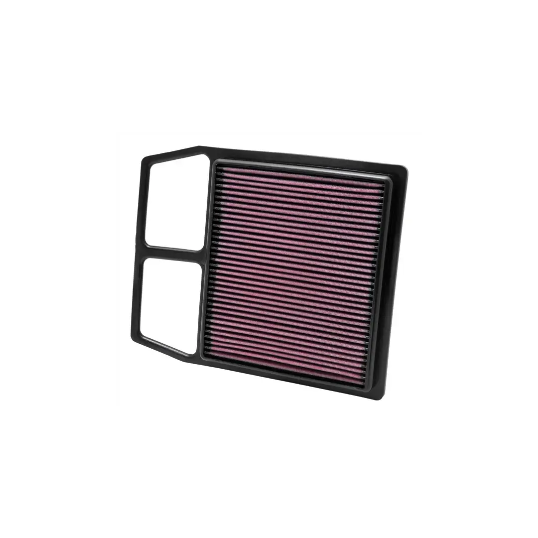 Car air filter with black frame and purple pleated material on a white background