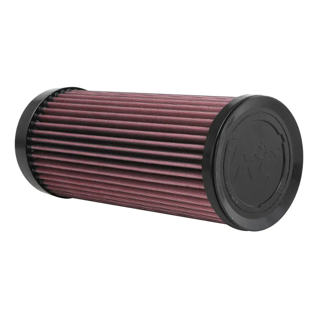Red air filter with black outer casing on a white background