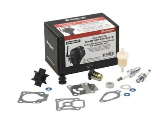 Mercury Marine outboard maintenance kit with various components on a white background