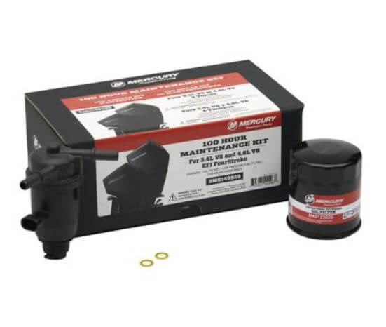 Mercury 100 hour maintenance kit with oil filter and packaging on a white background