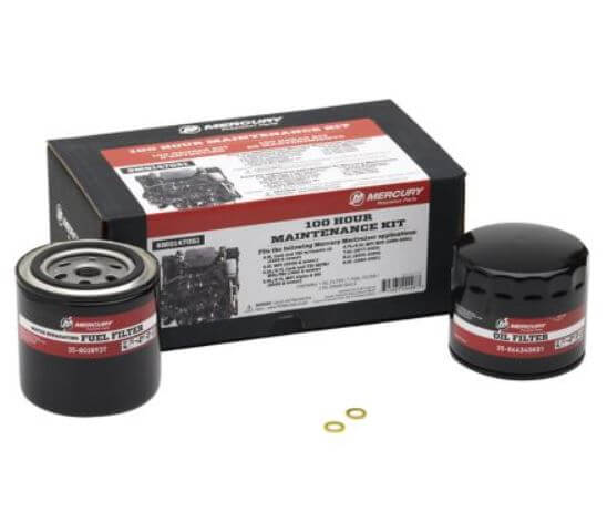 Mercury Marine maintenance kit with filters and packaging on a white background