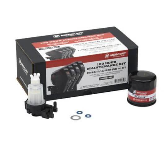 Mercury 100-hour maintenance kit with oil filter and other components on a white background