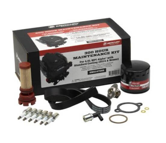 Mercury Marine 300 hour maintenance kit with various components on a white background