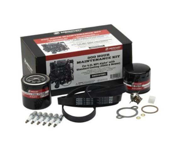Mercury Marine 300 hour maintenance kit with oil filters, belt, and other components on a white background.