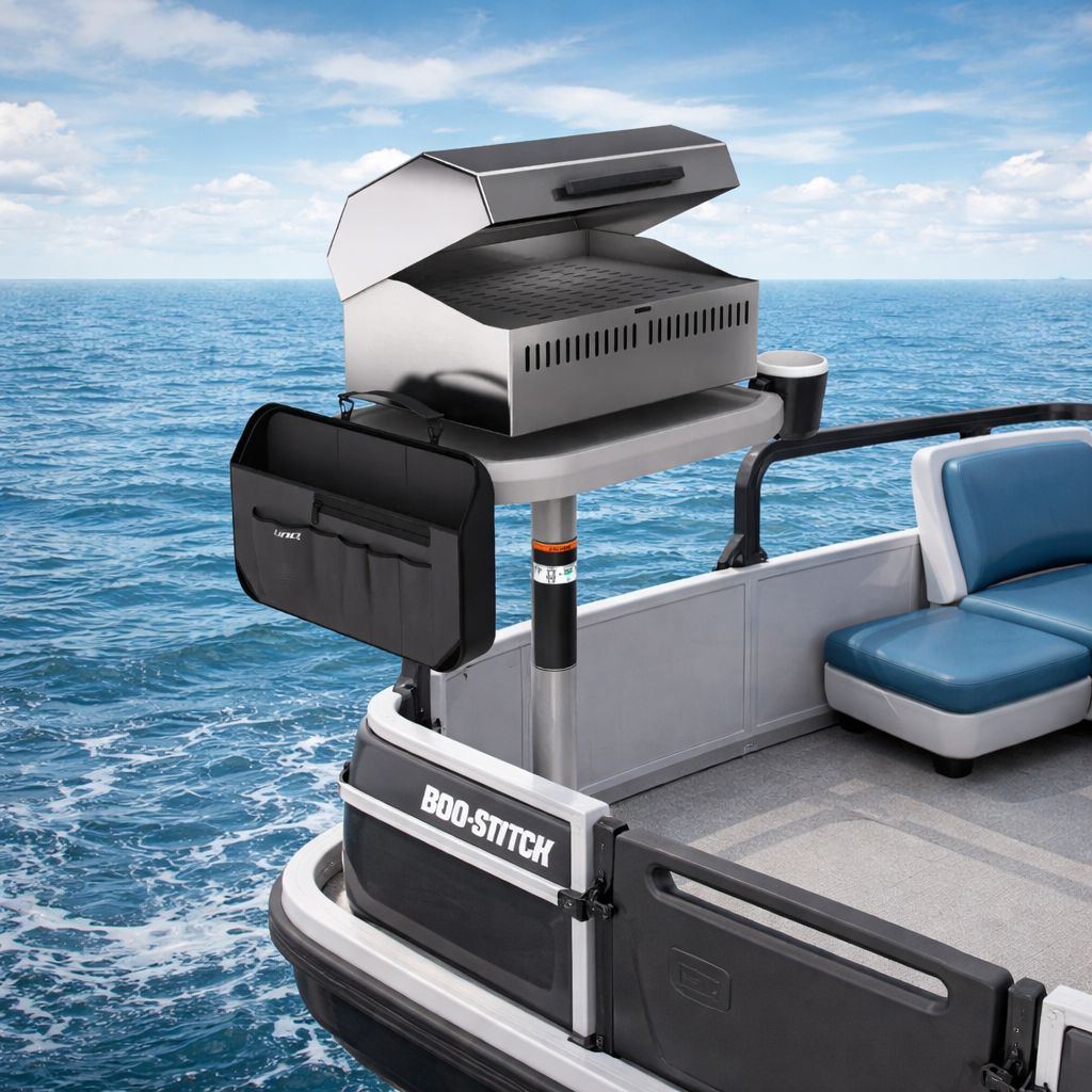 Boat-mounted grill on a body of water with clear skies