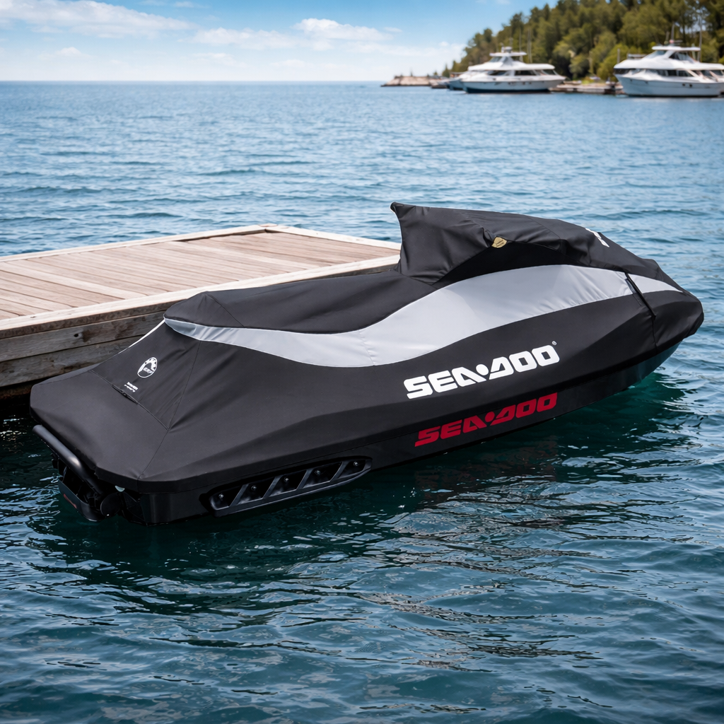 SEA-DOO watercraft on a dock with a scenic background