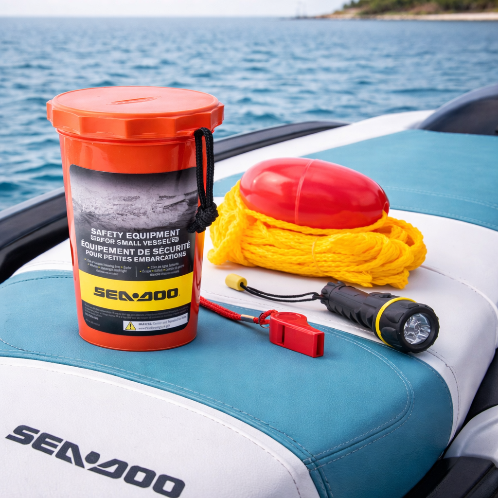 Safety equipment including a bucket, flashlight, and rope on a Seadoo boat seat with water in the background.