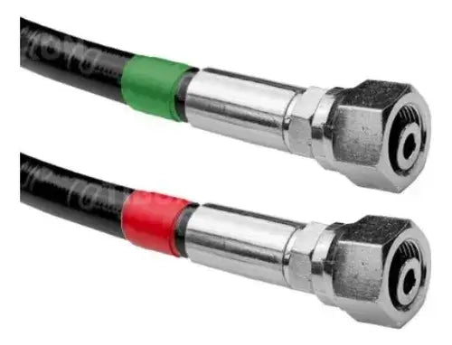 Two metal connectors with black hoses, one green and one red, on a white background.