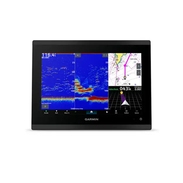 Garmin GPSMAP 9210xsv chartplotter display showing sonar imaging and Navionics chart view