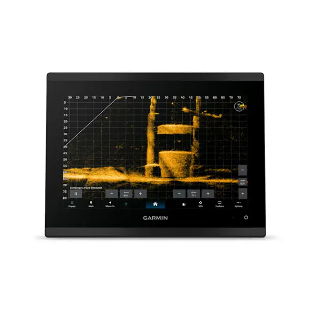 Garmin GPSMAP 9210xsv chartplotter display showing LiveScope sonar imaging, front view