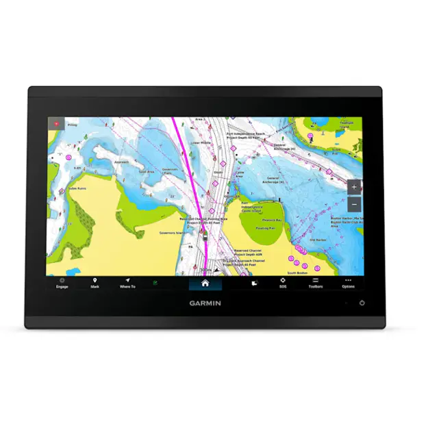 Garmin GPSMAP 9213xsv chartplotter display showing Navionics nautical chart and route line