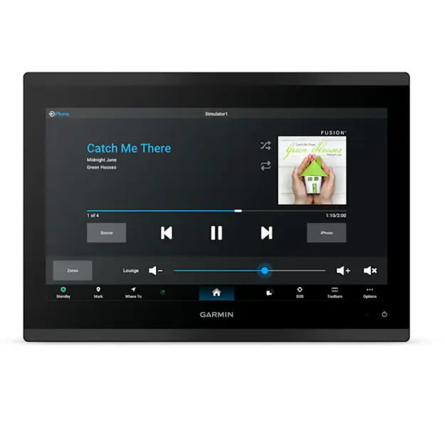 Garmin GPSMAP 9213xsv chartplotter touchscreen display showing Fusion music player interface