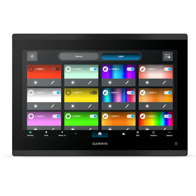 Garmin GPSMAP 9213xsv chartplotter display showing lighting control interface with color options