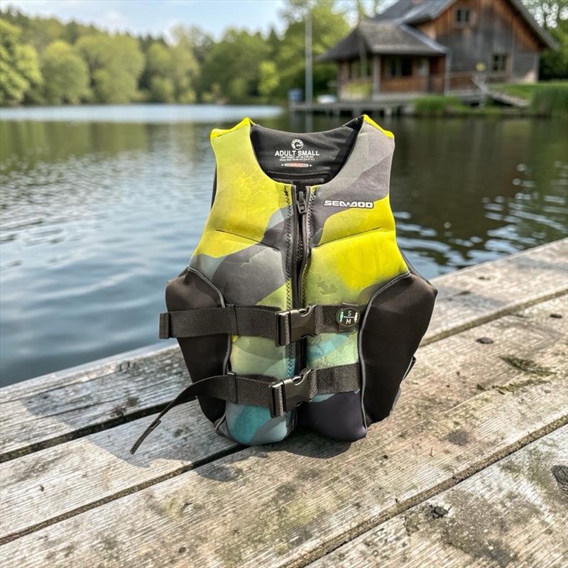 Life jacket on a wooden dock by a lake with a cabin in the background
