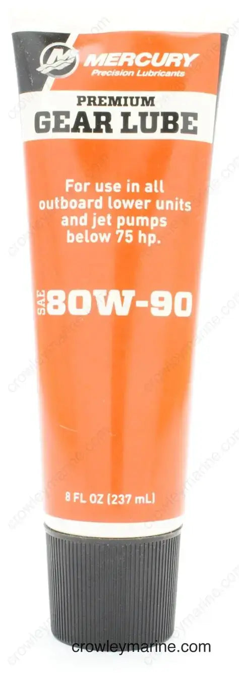 Orange tube of Mercury Premium Gear Lube on a white background