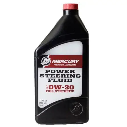 Bottle of Mercury Power Steering Fluid on a white background