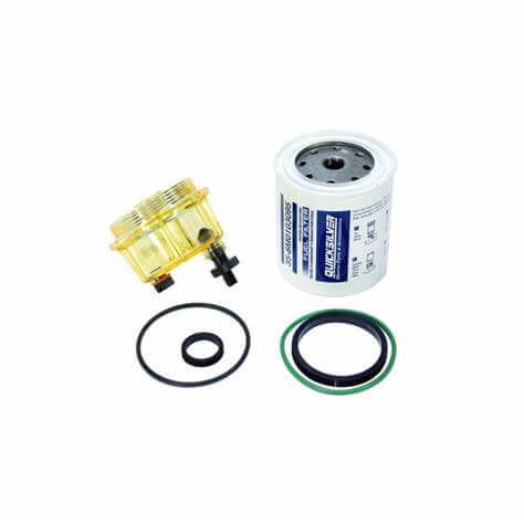 Oil filter kit with filter, housing, and seals on a white background