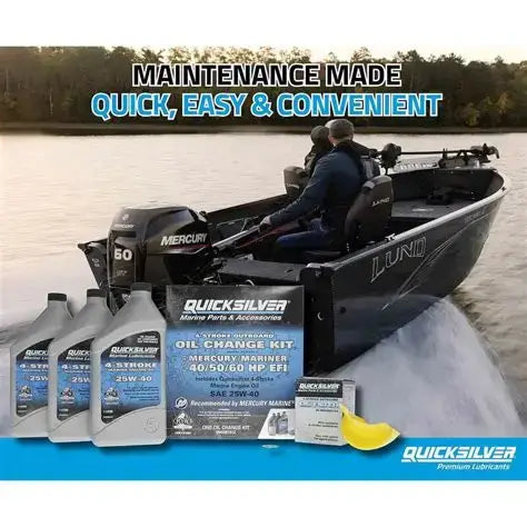 Boat with Mercury engine and Quicksilver oil change kit on a lake