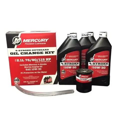 Mercury oil change kit with bottles and packaging on a white background