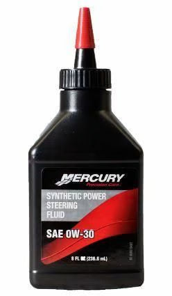 Bottle of Mercury synthetic power steering fluid on a white background