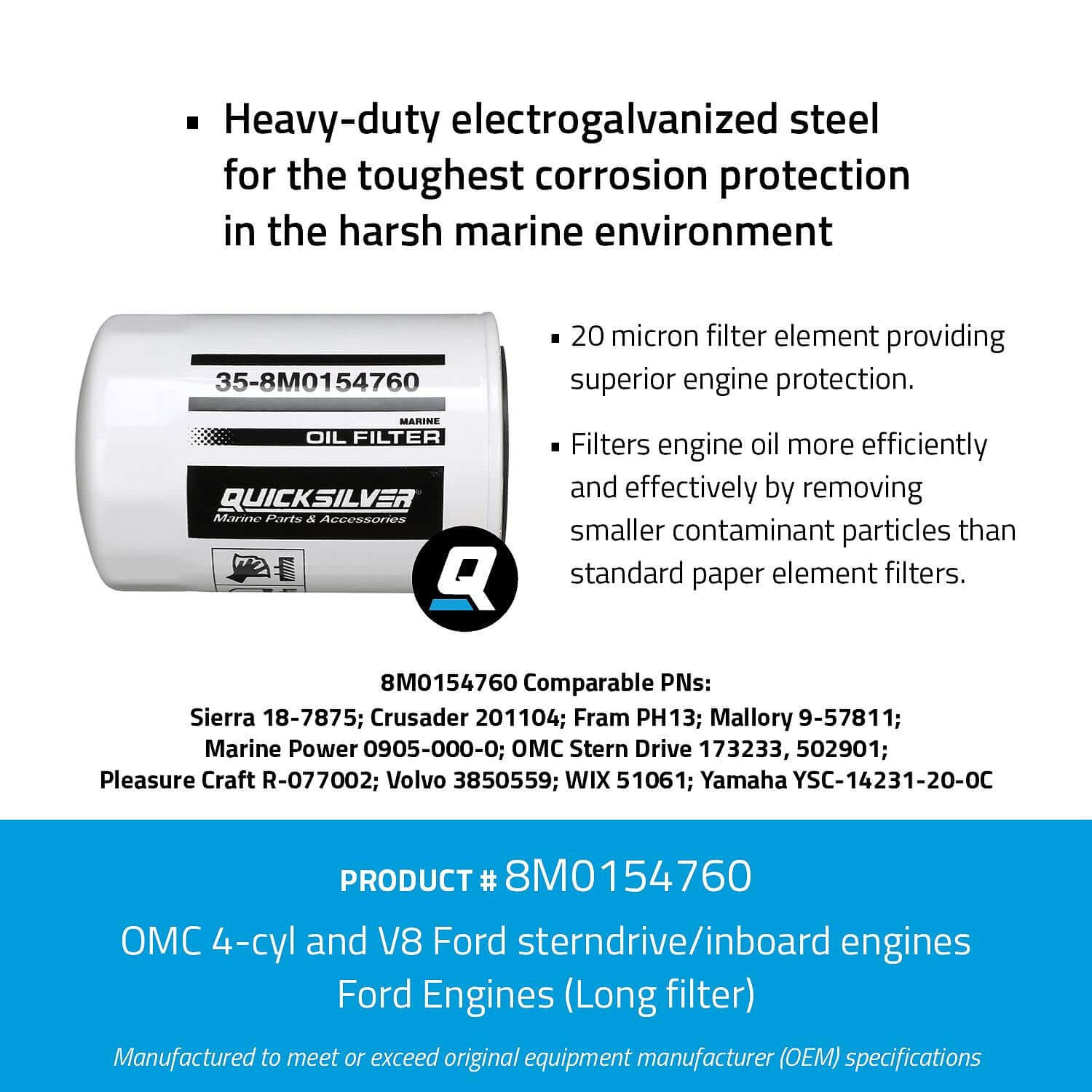 Quicksilver 8M0154760 20 Micron Oil Filter for Various Marine Engines