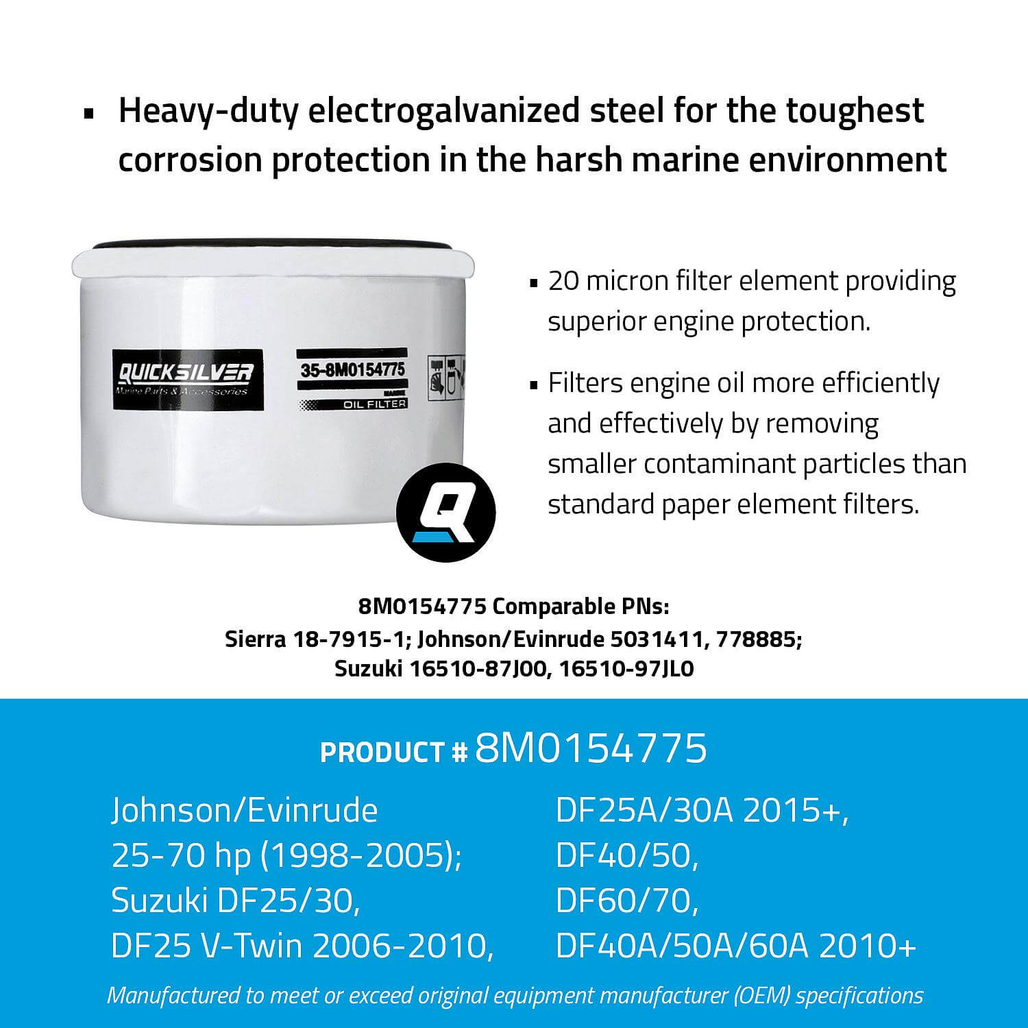 Quicksilver 8M0154775 20 Micron Oil Filter for Various Marine Engines
