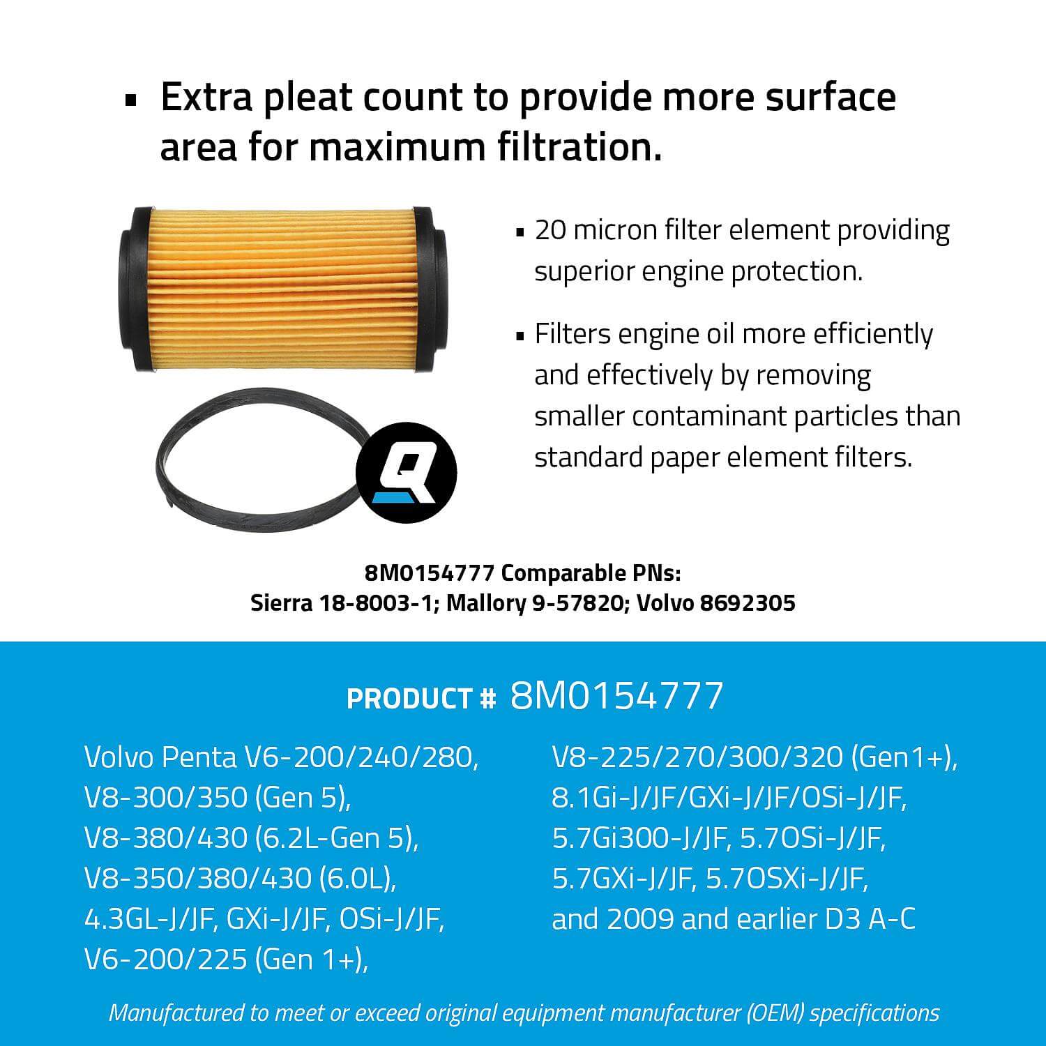 Quicksilver 8M0154777 20 Micron Oil Filter for Various Marine Engines
