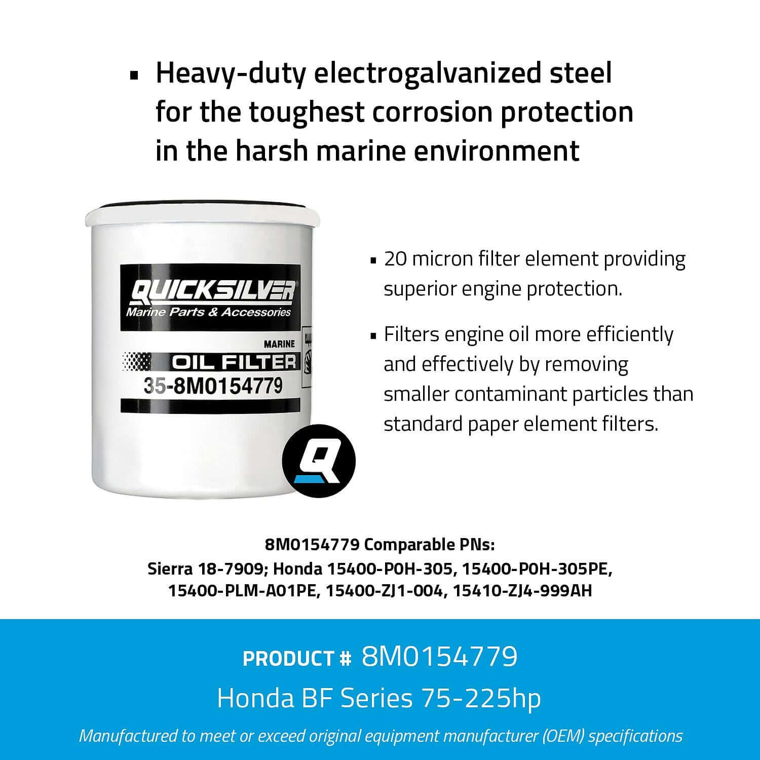 Quicksilver 8M0154779 20 Micron Oil Filter for Select Honda 75-250hp Outboards