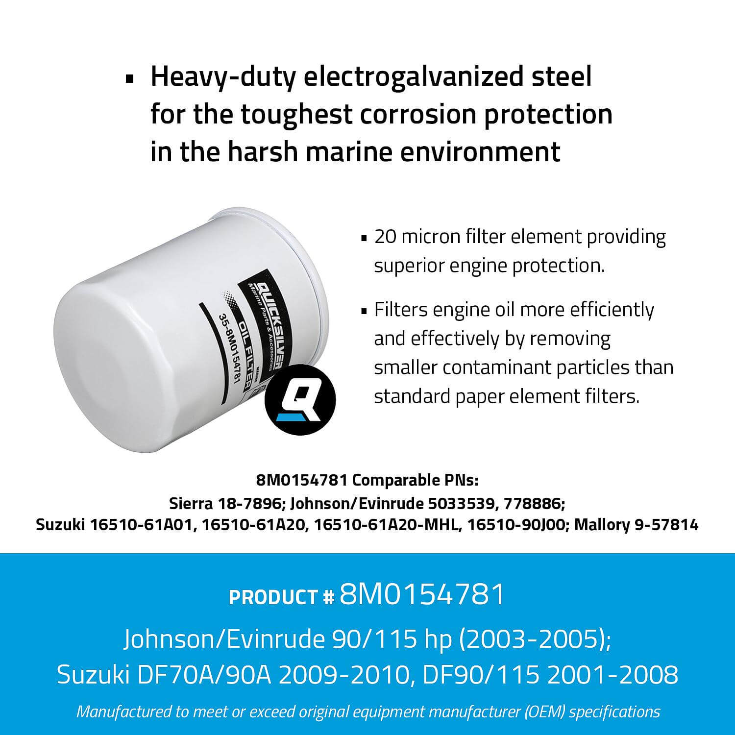 Quicksilver 8M0154781 20 Micron Oil Filter for Select Johnson and Evinrude 90-115hp and Select Suzuki 70-115hp