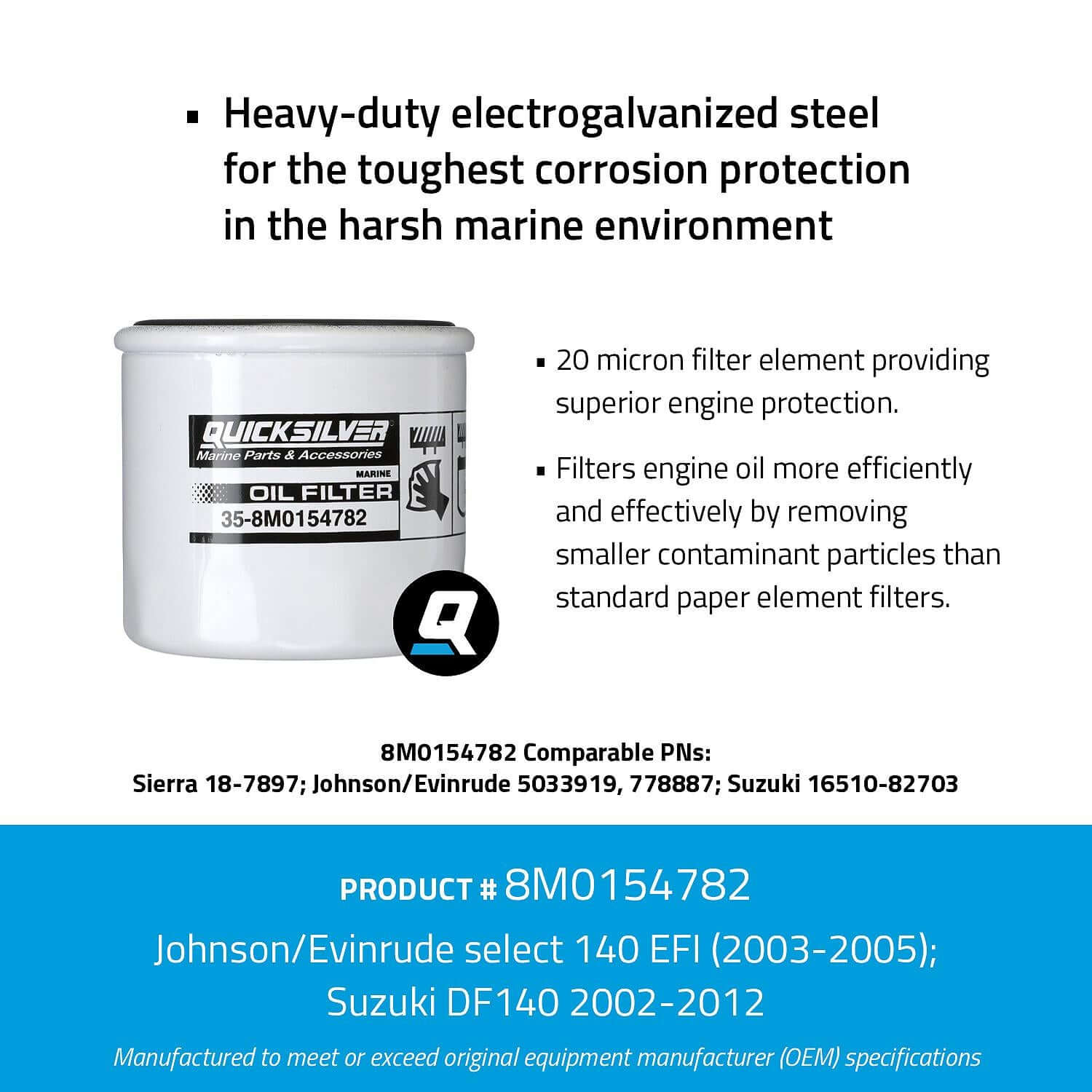 Quicksilver 8M0154782 20 Micron Oil Filter for Various Marine Engines