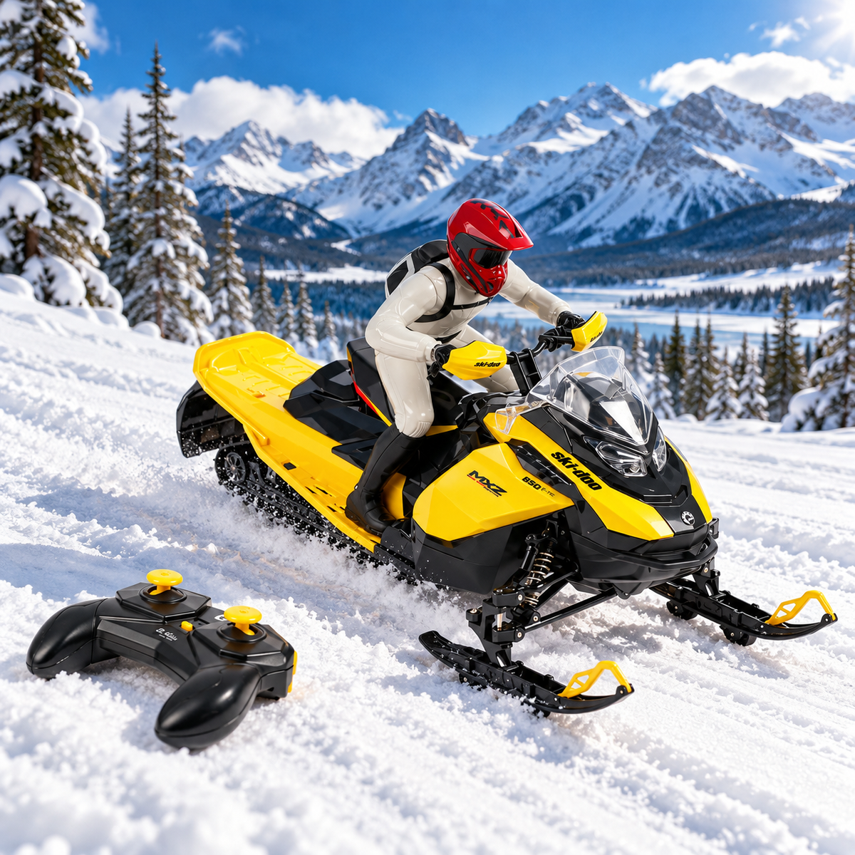 Ski-Doo MXZ 1:6 scale RC toy snowmobile with rider figure and remote control in snowy mountains