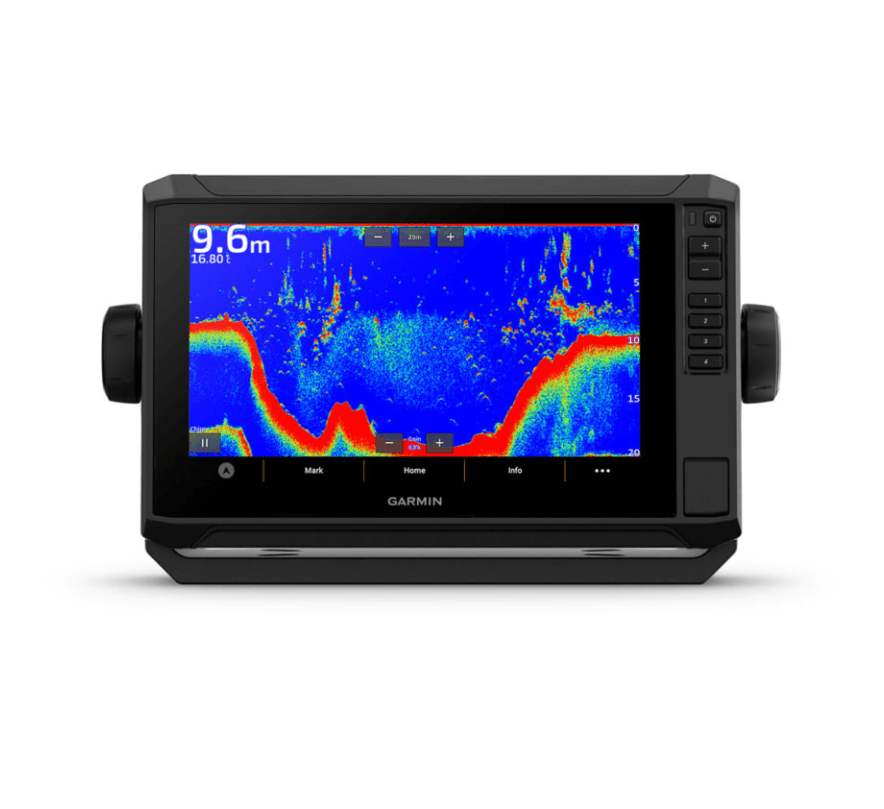 Garmin ECHOMAP UHD2 95sv chartplotter fish finder front view displaying sonar depth screen