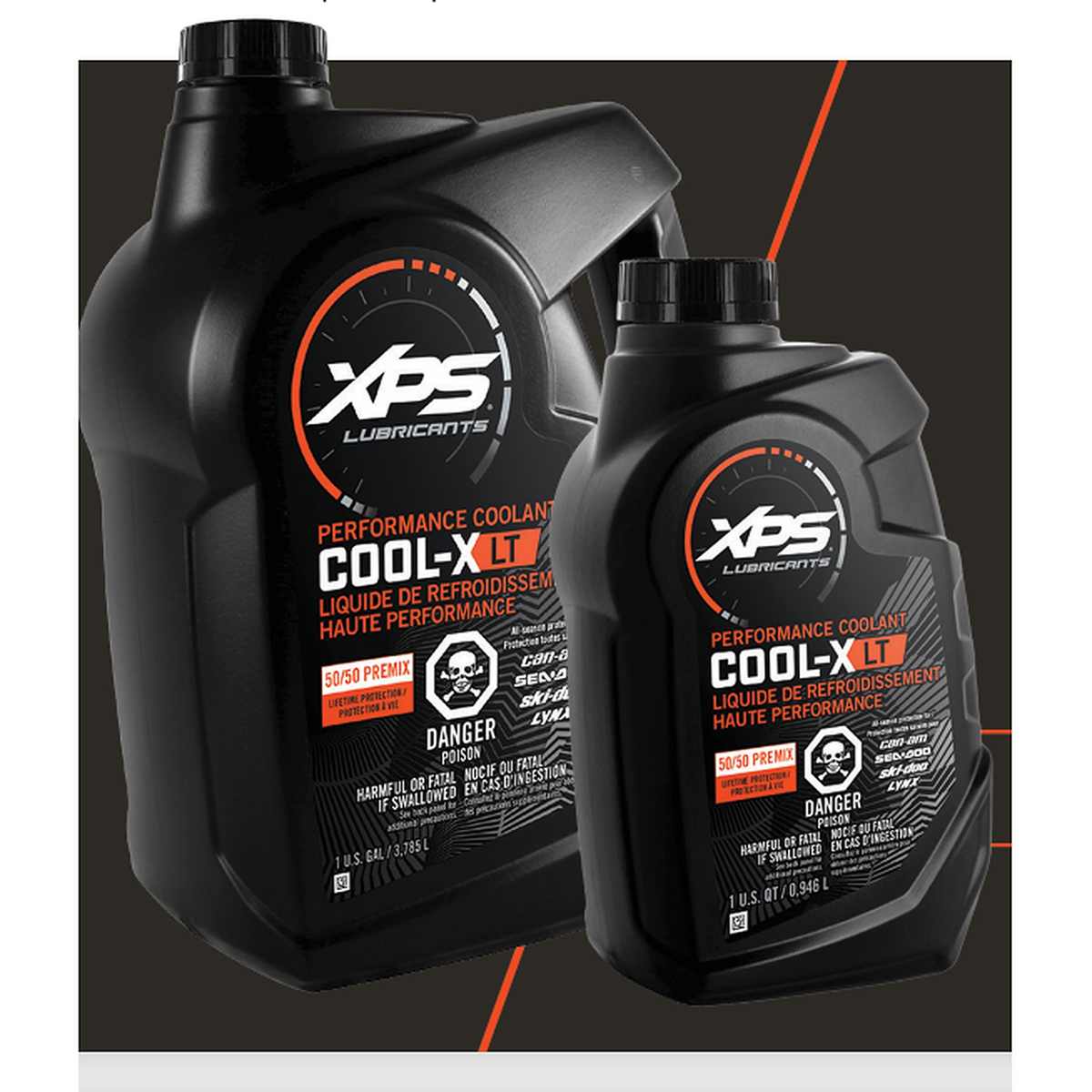 XPS Cool-X LT 50/50 premix coolant gallon jug and quart bottle, 9779730 / 9779732