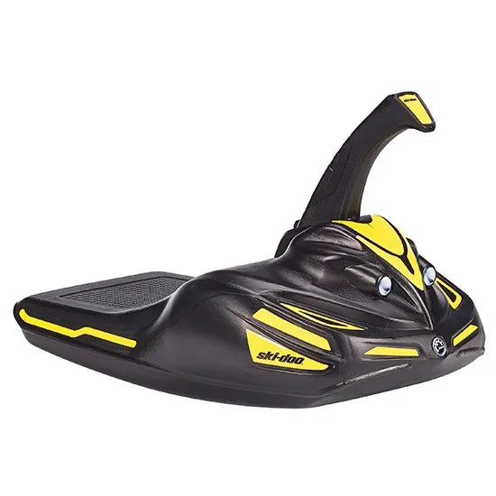 Ski-Doo Mini Snow Sled B106800000, black with yellow accents and centered steering handle, front view