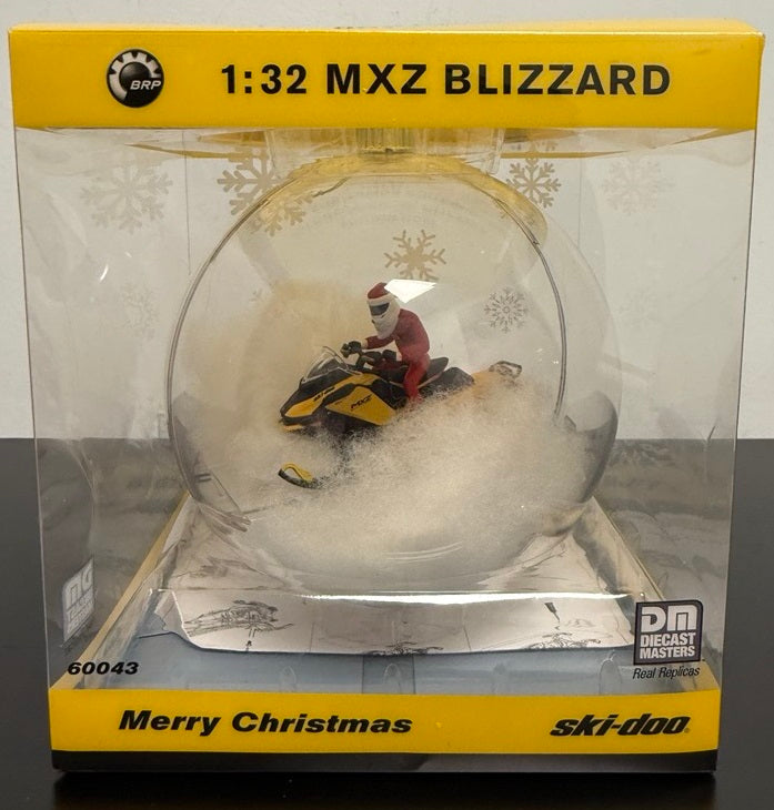 BRP Ski-Doo MXZ Blizzard 1:32 diecast snow globe ornament with rider figure in packaging