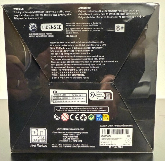 Ski-Doo Blizzard Christmas Edition 1:32 diecast model packaging back label with BRP licensing info