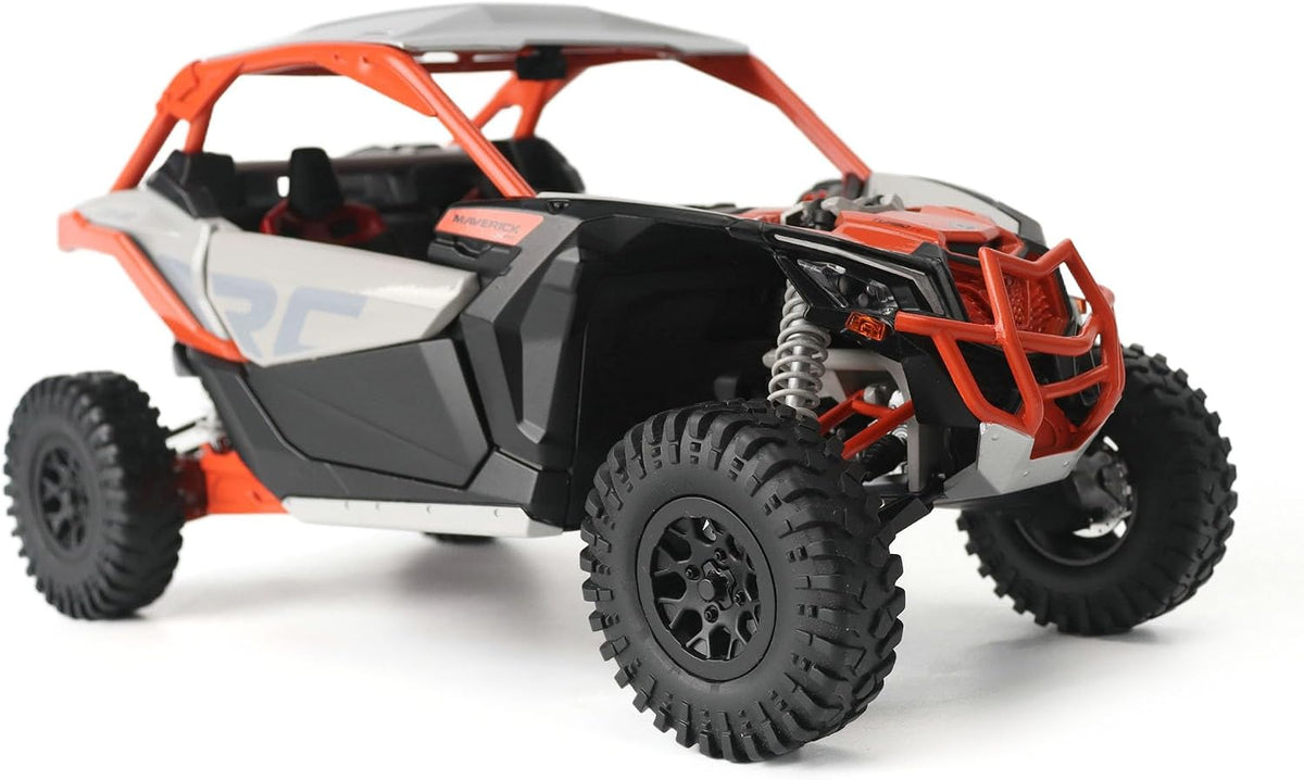 Diecast Masters Can-Am Maverick X3 X RC Turbo RR 1:12 premium replica #68003 in red, front three-quarter view showing front bumper and suspension