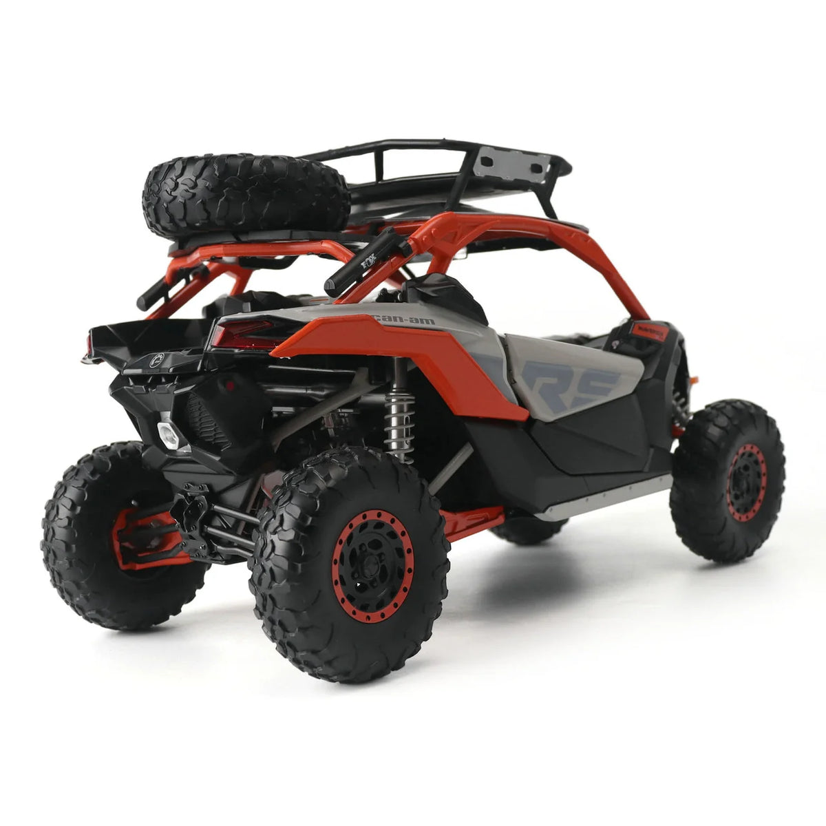 Diecast Masters Can-Am Maverick X3 X RS Turbo RR 1:12 premium replica with accessories #68004 in red, rear three-quarter view with spare tire mount