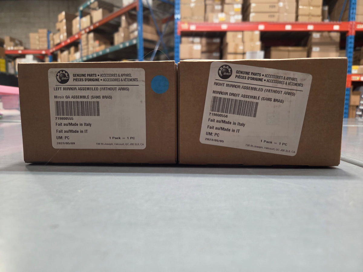 Can-Am Left and Right Mirror Assembled (Without Arms) in BRP Genuine Parts packaging, 219800555 / 219800556