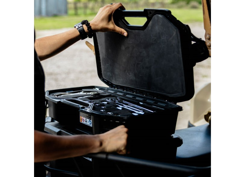 Can-Am LinQ Tool Kit mounted on off-road vehicle with wrenches inside open case