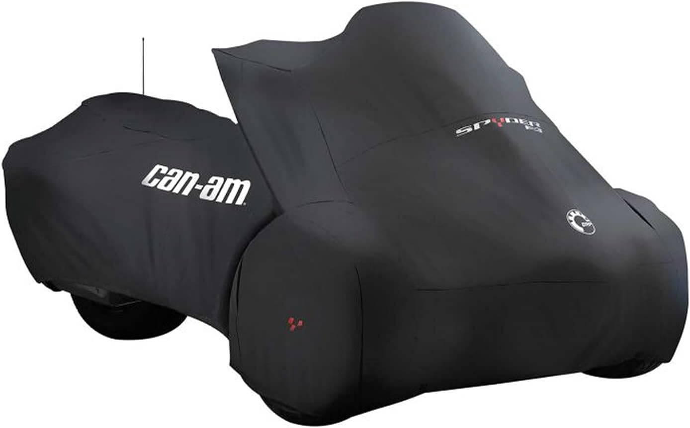 Black cover for Spyder motorcycle on white background